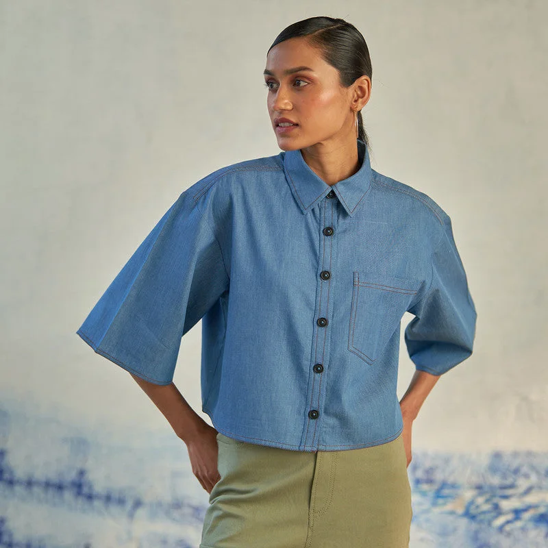 Save Up to 50% Off!Cotton Blue Crop Shirt For Women | Patch Pockets