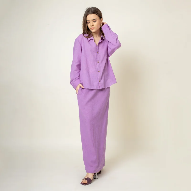 The Best Offers Are Here!Cotton Co Ord Set | Shirt & Long Skirt | Solid | Purple