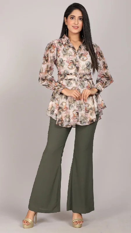 Best Offers of the Month!Floral printed shirt with bell bottom co-ord set