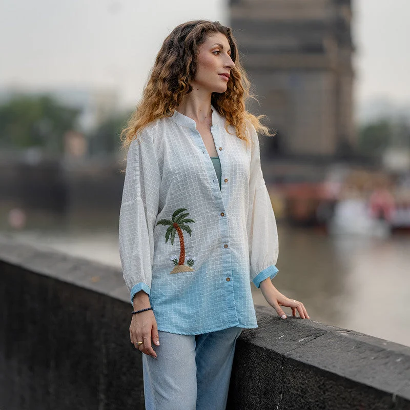 Exclusive Savings This Week!Cotton Ombre Shirt for Women | White & Blue | Hand Embroidered