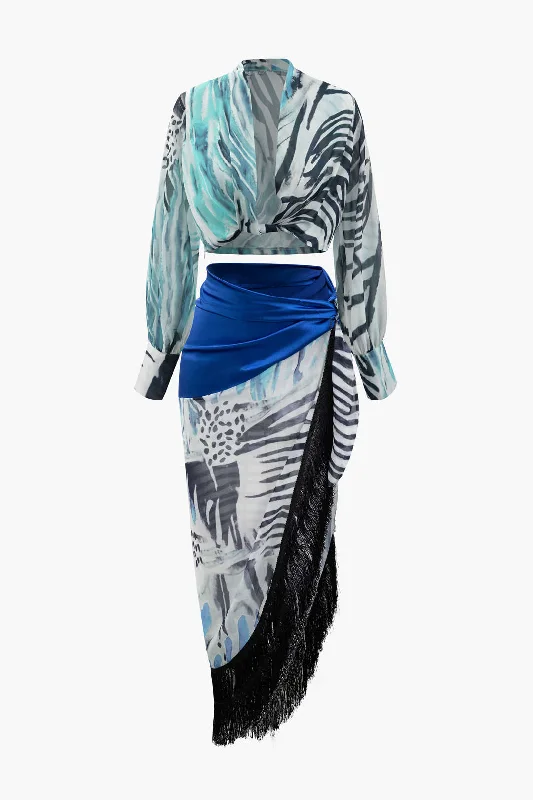 Everything Must Go!Printed Lantern Sleeve Twist Hem Shirt And Asymmetric Fringe Skirt Set