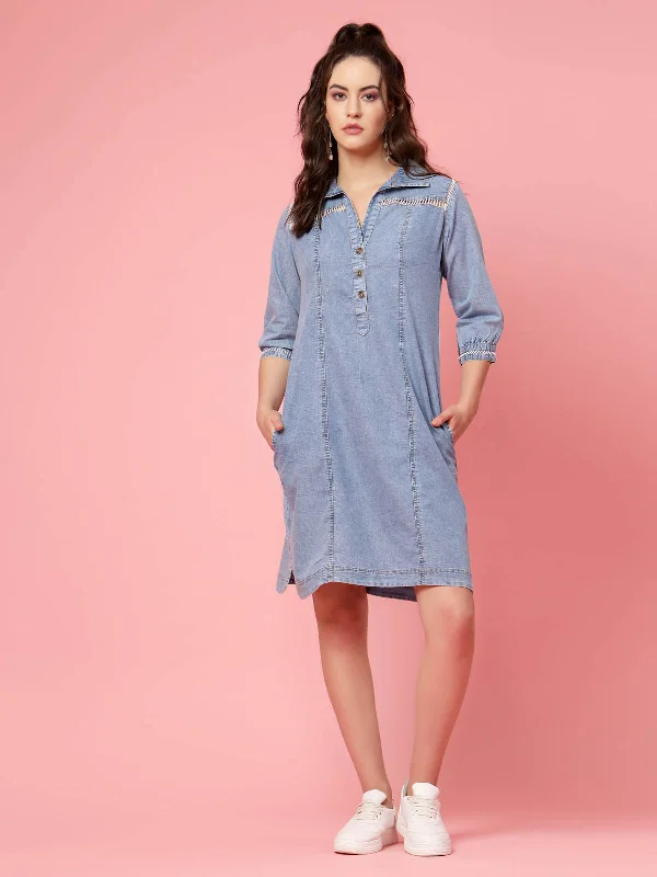 Time to Save Big!Blue Shirt Collar Denim Cotton A-Line Dress