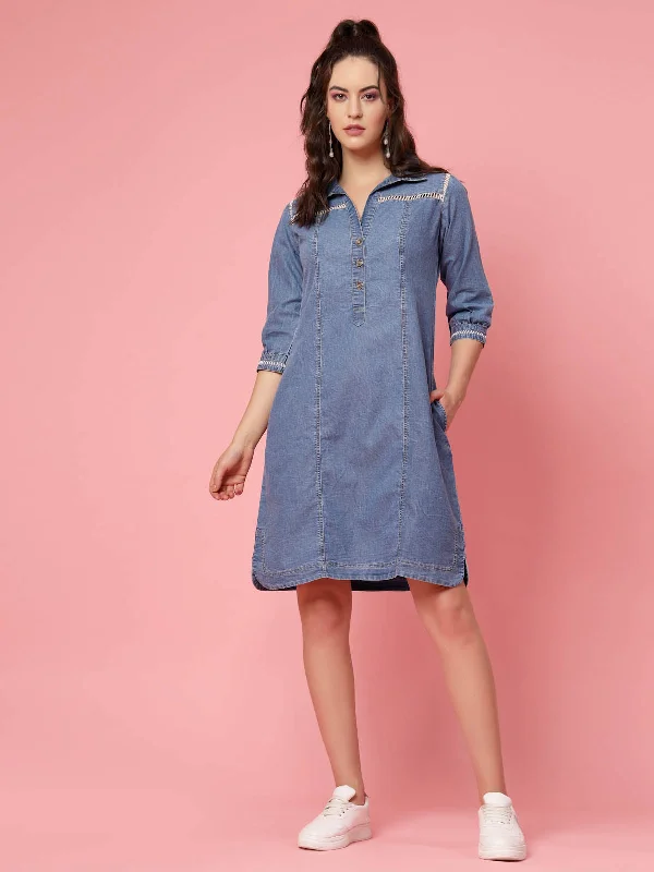 Best Price of the Season!Blue Shirt Collar Denim Shirt Style Dress