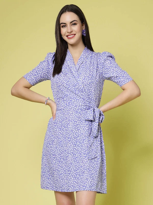 Huge Savings – Act Now!Lavender Floral Printed Shirt Collar Warp Dress