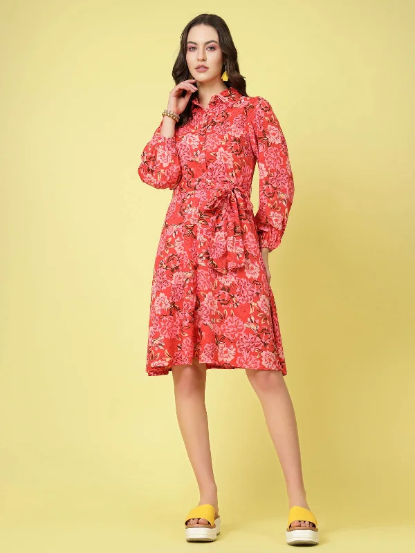 Best Deals Just for You!Pink Floral Printed Shirt Collar Puff Sleeve Gathered A-Line Dress