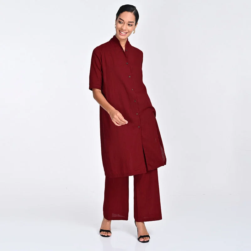 Act Fast – Limited Time Savings!Cotton Co Ord Ord For Women | Shirt & Trouser | Draped Neck | Red