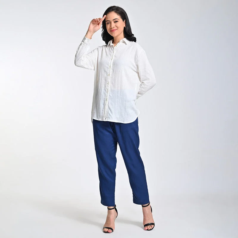 Limited Stock Available!Linen Solid Co Ord Set For Women | Shirt & Pant | Drop Shoulder | Cream & Blue