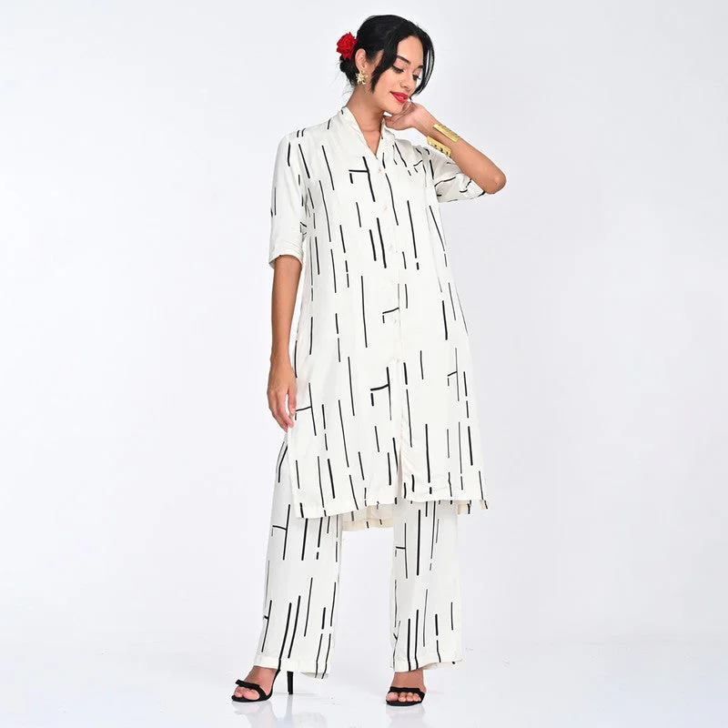 Seasonal Sale – Shop Now!Modal Printed Co Ord Ord For Women | Shirt & Trouser | Draped Neck | Off White