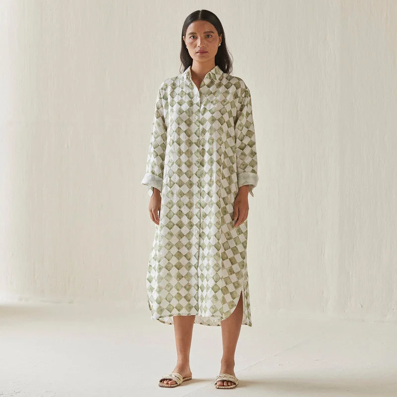 Exclusive Offers You’ll Love!Linen Dress For Women | Shirt Style | Checkered Print | Green