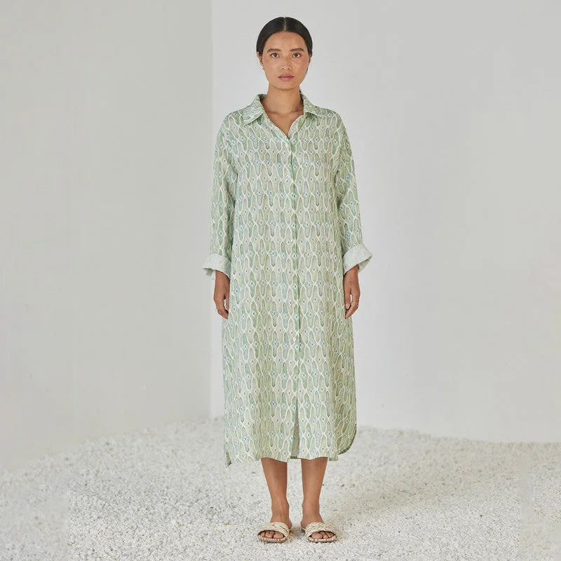 Shop More, Spend Less!Linen Dress For Women | Shirt Style | Watercolour Print | Green