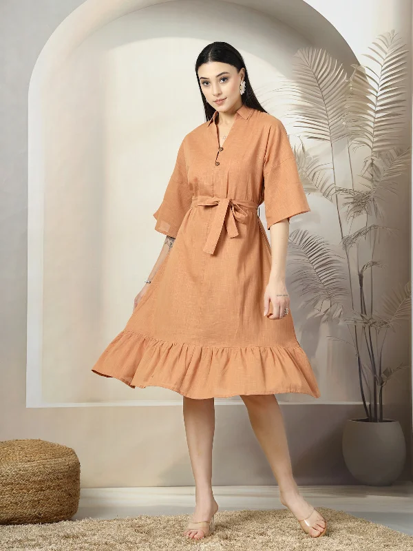 Your Exclusive Offer Awaits!Shirt Collar Flared Sleeves Belted Cotton A-Line Dress