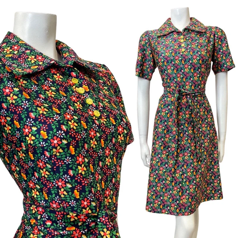 Unbeatable Prices!VINTAGE 60s 70s BLUE GREEN ORANGE DITSY DAISY FLOWER SHIRT SWING DRESS 12 14