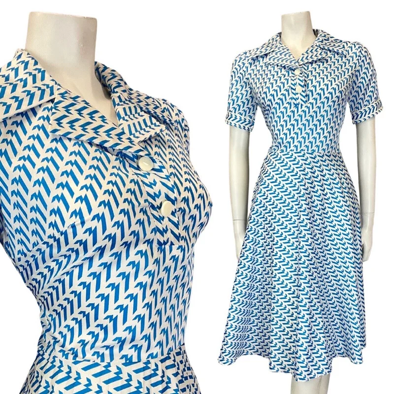 Snag the Best Prices Now!VINTAGE 60s 70s BLUE WHITE STRIPED ZIG-ZAG GEOMETRIC MOD SHIRT SWING DRESS 10