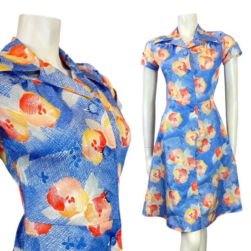 Get More for Less!VINTAGE 60s 70s BLUE YELLOW ORANGE FLORAL MOD DAGGER SHIRT SWING DRESS 8