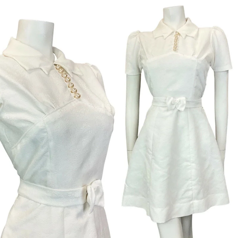 The Best Sale of the Year!VINTAGE 60s 70s BRIGHT WHITE FLORAL BELTED MOD SHIRT SHORT DRESS 10