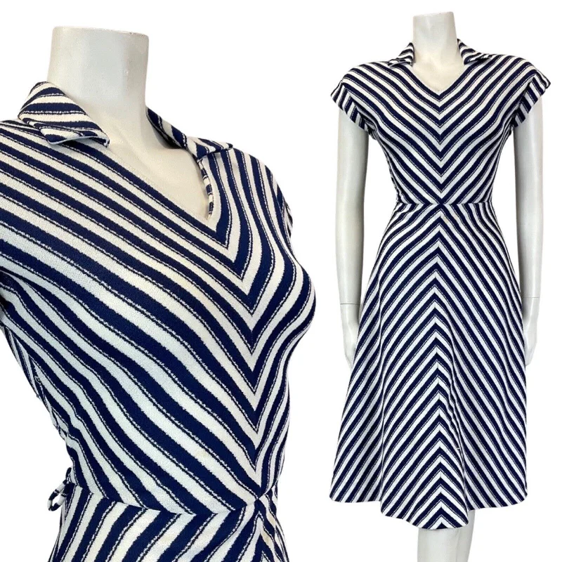 Limited Time Offer!VINTAGE 60s 70s NAVY BLUE WHITE STRIPED MOD SHIRT SWING FLARED DRESS 8 10