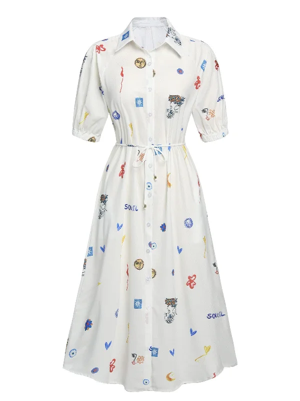 Seasonal Sale – Shop Now!White 1940s Soleil Print Shirt Lapel Dress