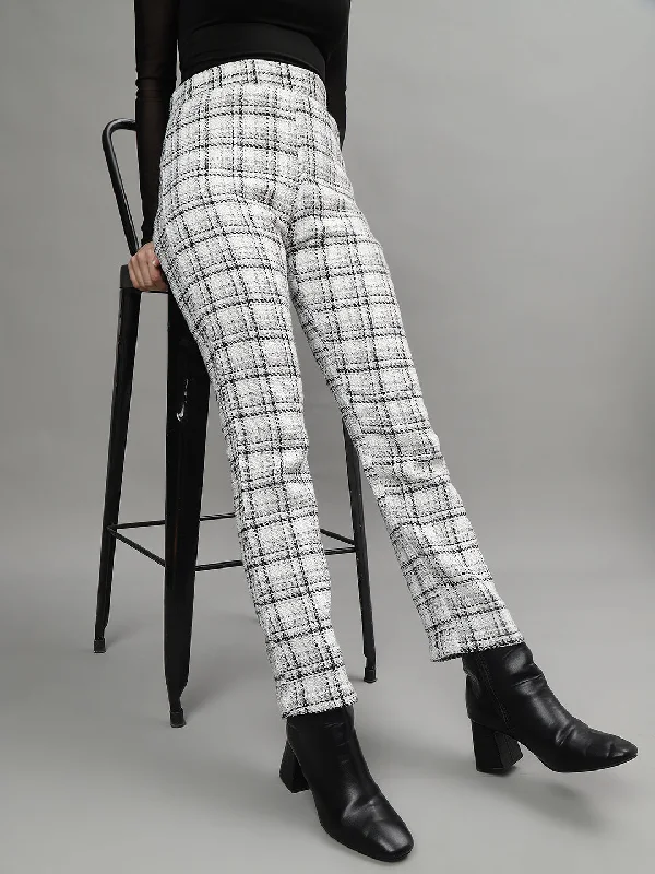 Bigger Savings, Better Shopping!Centre Stage Women White Checked High-Rise Straight Fit Regular Trouser