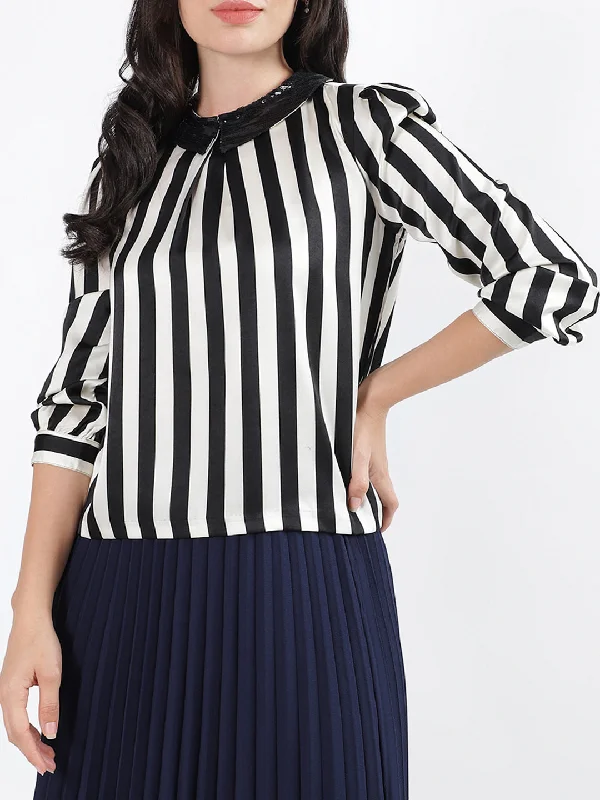 Shop Before It’s Gone!Centre Stage Women Striped Peter Pan Collar Full Sleeves Top