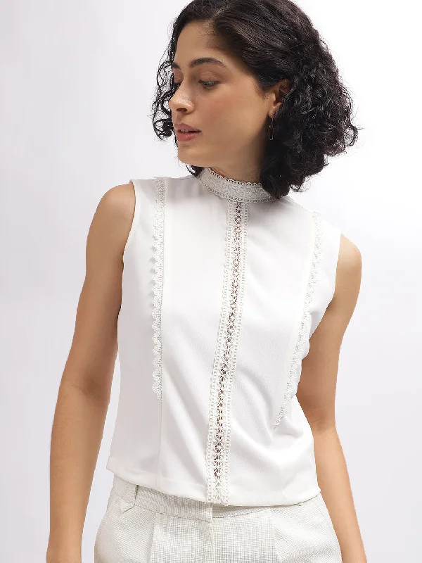 Only a Few Left – Order Now!Centre Stage Women Off White Solid Band Collar Sleeveless Top