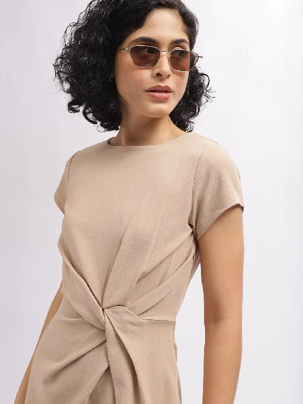 Get Ready to Save!Centre Stage Women Beige Solid Round Neck Short Sleeves Dress