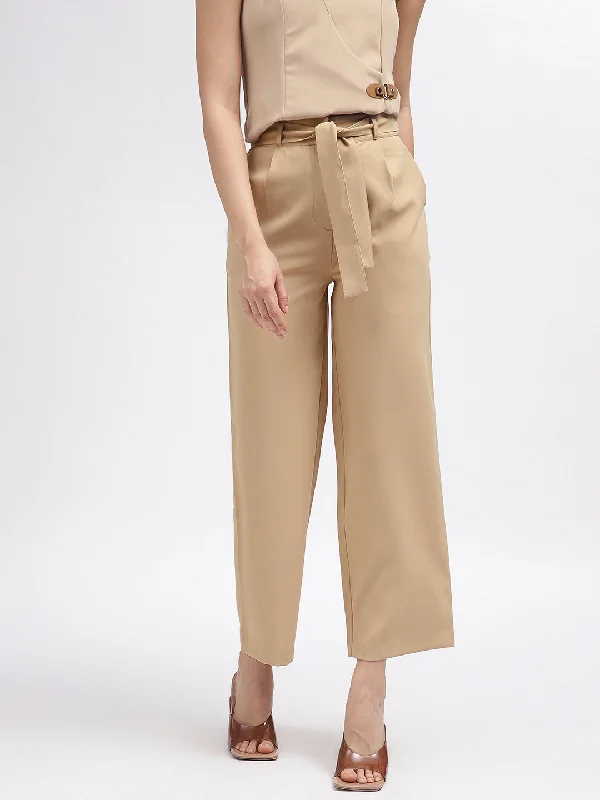 More Discounts, More Joy!Centre Stage Women Beige Solid Regular Fit Trouser