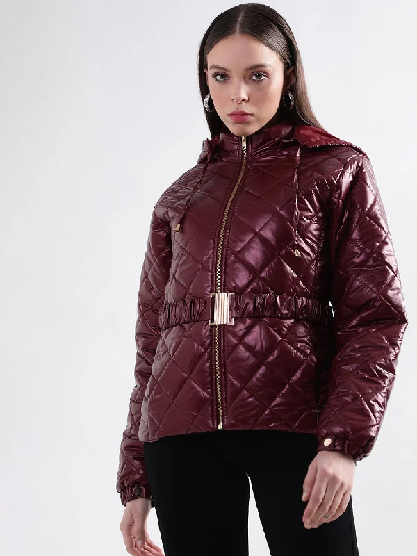 The Best Sale of the Year!Elle Women Maroon Solid Hooded Full Sleeves Quilted Jacket