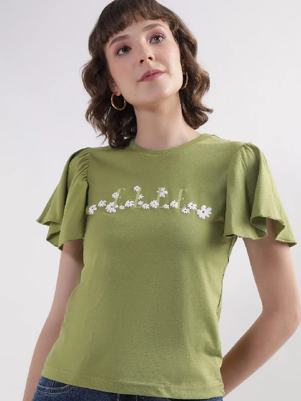 Save More When You Shop More!Elle Women Green Solid Round Neck Short Sleeves T-Shirt