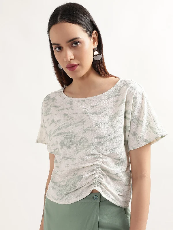 Limited-Time Price Drop!Elle Women Green Printed Round Neck Short Sleeves Top