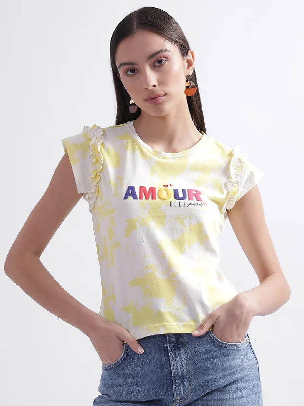 Buy One, Get One Free!Elle Women Yellow Tie-Dye Round Neck Short Sleeves T-Shirt