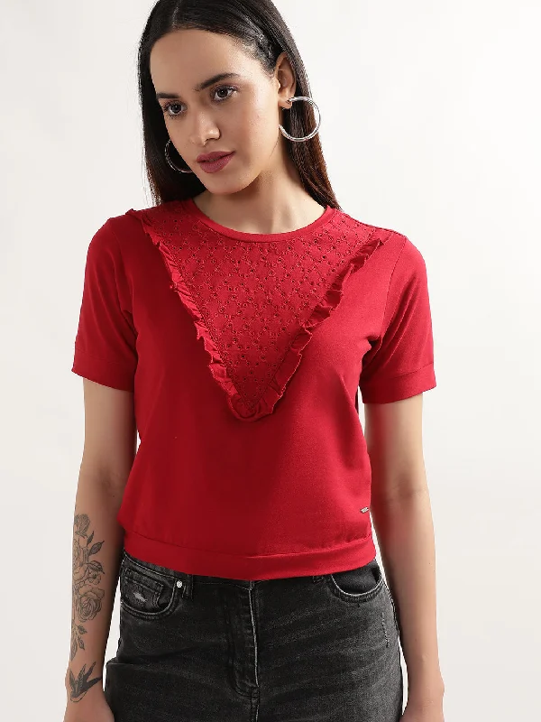 The Best Offers Are Here!Elle Women Red Solid Round Neck Short Sleeves Top