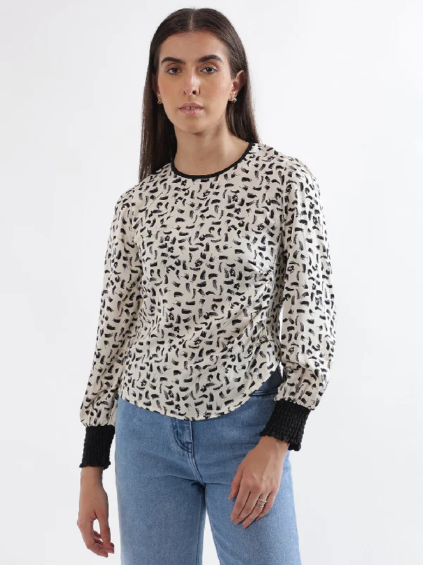 Enjoy Huge Discounts Now!Elle Women Cream Printed Round Neck Full Sleeves Top