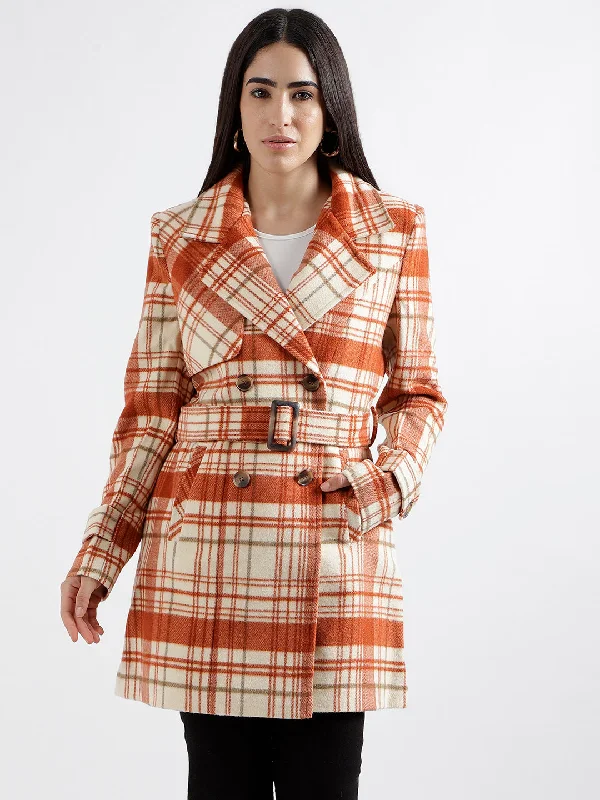 Get It Before It’s Gone!Elle Women Rust Checked Notched Collar Full Sleeves Double Breasted Overcoat