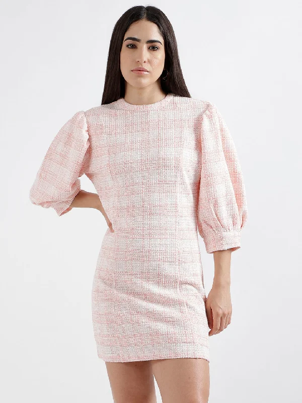 The Best Offers Are Here!Elle Women Pink Checked Round Neck Short Sleeves Bodycon Dress