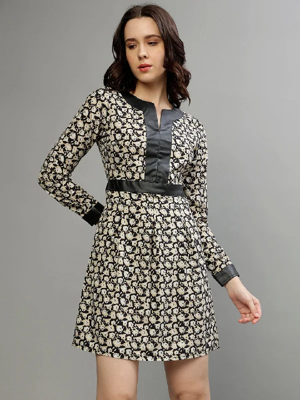 Exclusive Savings This Week!Elle Women Beige Printed Round Neck Full Sleeves Fit And Flare Dress