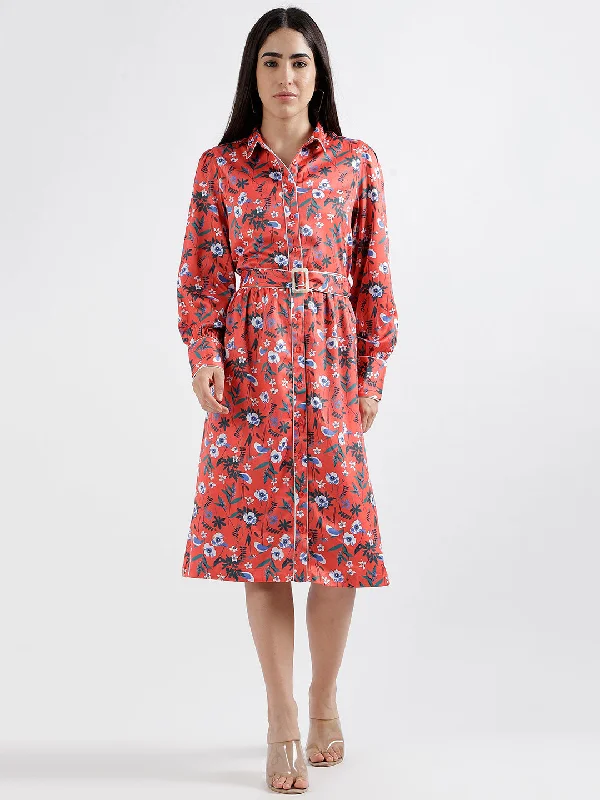 Save Up to 50% Off!Elle Women Red Printed Spread Collar Full Sleeves Shirt Dress