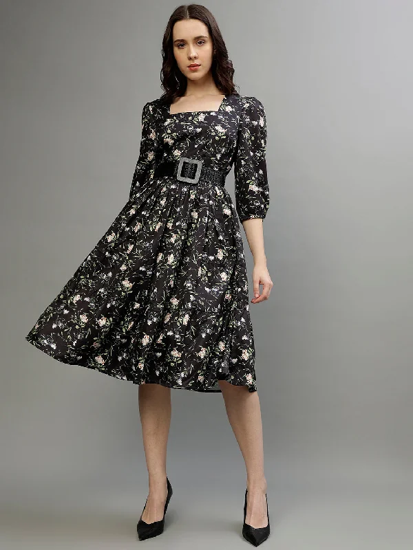 Hot Deals You Can’t Resist!Elle Women Black Printed Square Neck 3/4th Sleeves Fit And Flare Dress