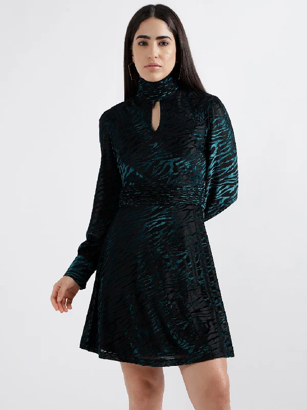 Great Deals, Just for You!Elle Women Green Printed High Neck Full Sleeves A-Line Dress