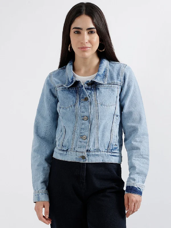 Mega Sale Happening Now!Elle Women Blue Washed Spread Collar Full Sleeves Denim Jacket