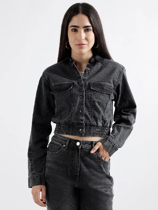 Get More for Less!Elle Women Grey Washed Spread Collar Full Sleeves Denim Jacket