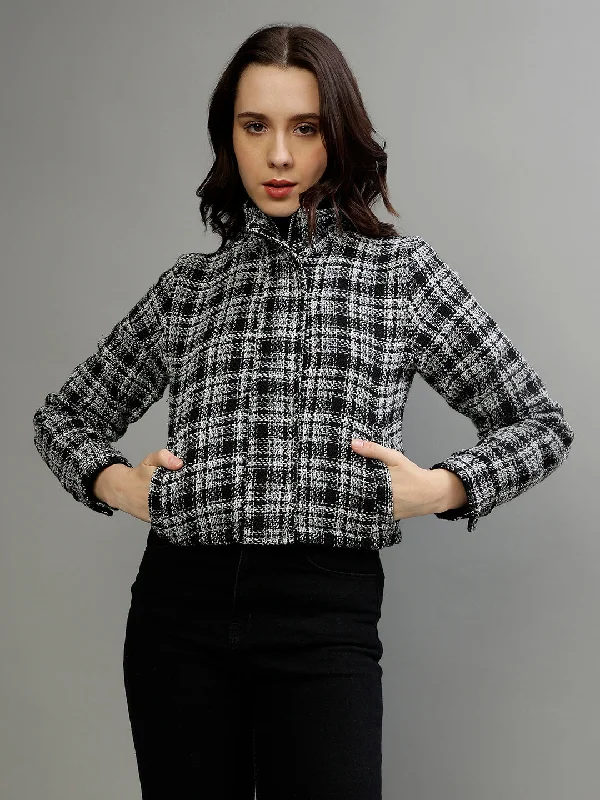 Shop Today, Save Tomorrow!Elle Women Black Checked Stand Collar Full Sleeves Jacket