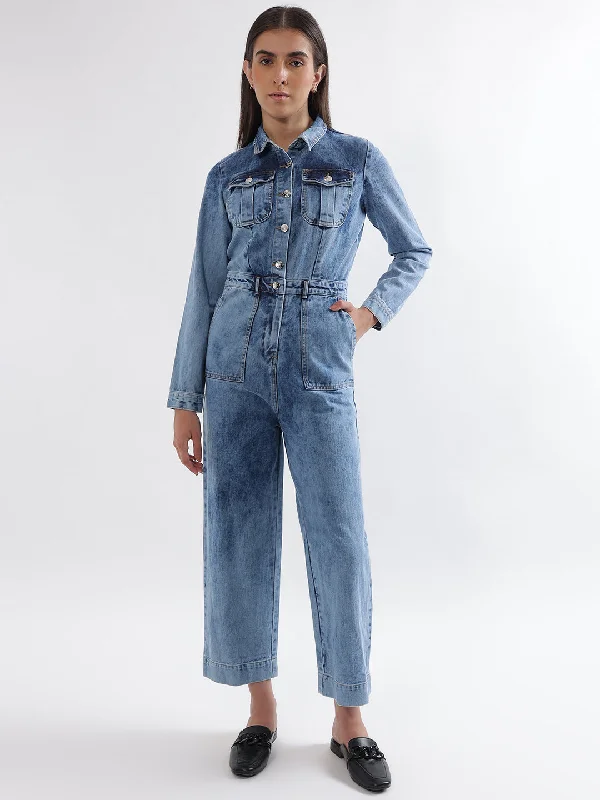 Shop Today, Save Tomorrow!Elle Women Blue Washed Spread Collar Full Sleeves Basic Jumpsuit