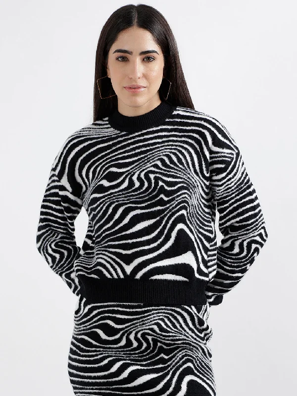 Unbeatable Prices!Elle Women Black Printed Round Neck Full Sleeves Pullover Style Sweater