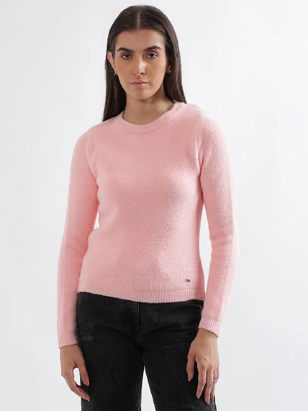 Biggest Sale of the Season!Elle Women Pink Solid Round Neck Full Sleeves Pullover Style Sweater