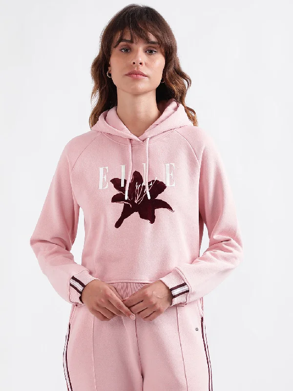 Exclusive Deals Just for You!Elle Women Pink Printed Hooded Full Sleeves Pullover Style Sweatshirt