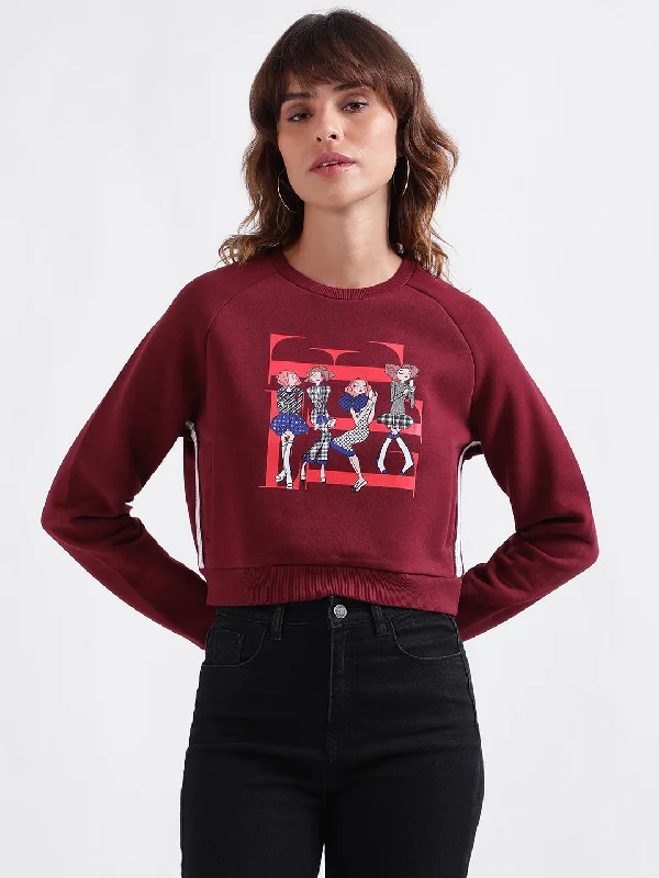 Limited Time Offer!Elle Women Red Printed Round Neck Full Sleeves Pullover Style Sweatshirt