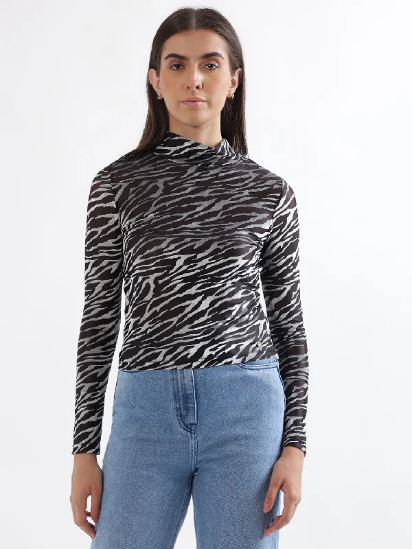 Your Shopping Wish, Our Discount Command!Elle Women Silver Printed High Neck Full Sleeves Top