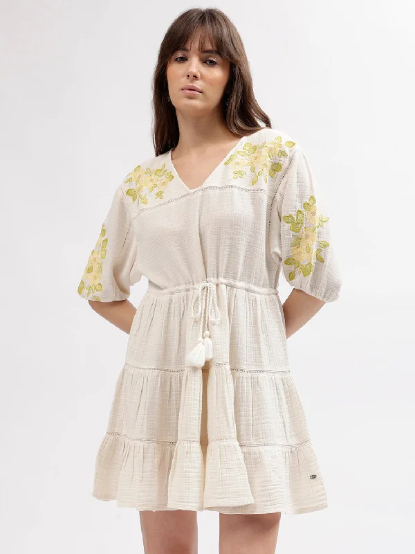 Your Chance to Save is Now!Elle Women Off White Embroidered V Neck 3/4th Sleeves Dress