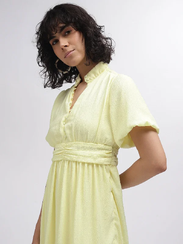 Limited Time Offer!Elle Women Yellow Solid Band Collar Short Sleeves Dress