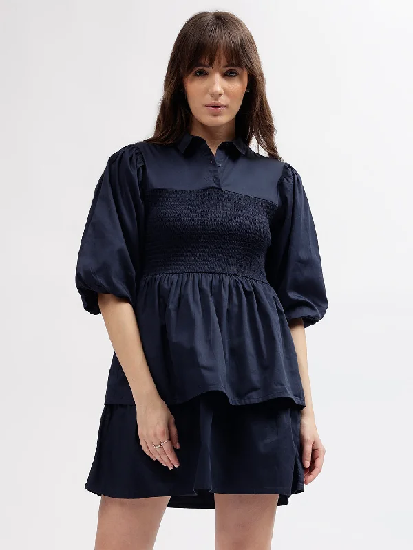 Save Like Never Before!Elle Women Navy Blue Solid Shirt Collar 3/4th Sleeves Dress